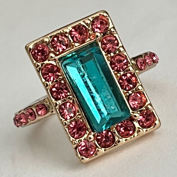 Rose Gold Crystal Cocktail Ring Pink Aqua Blue Princess Cut Size 6 Plated - Picture 6 of 14